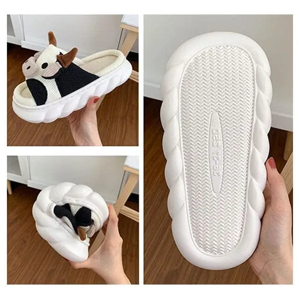 Cow Shhhandals Slippers | Unisex Linen Waffle Knit Plush Animal Slides | Multiple Sizes