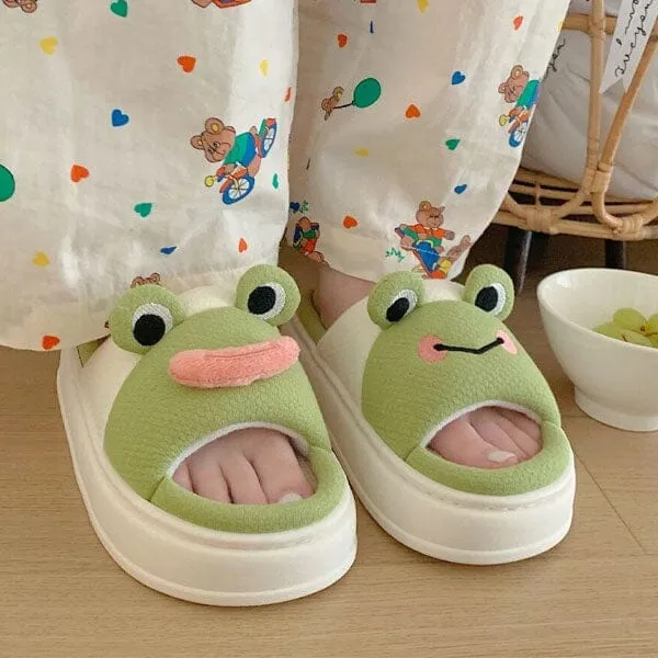 Frog Shhhandals Slippers | Unisex Linen Waffle Knit Plush Animal Slides | Multiple Sizes