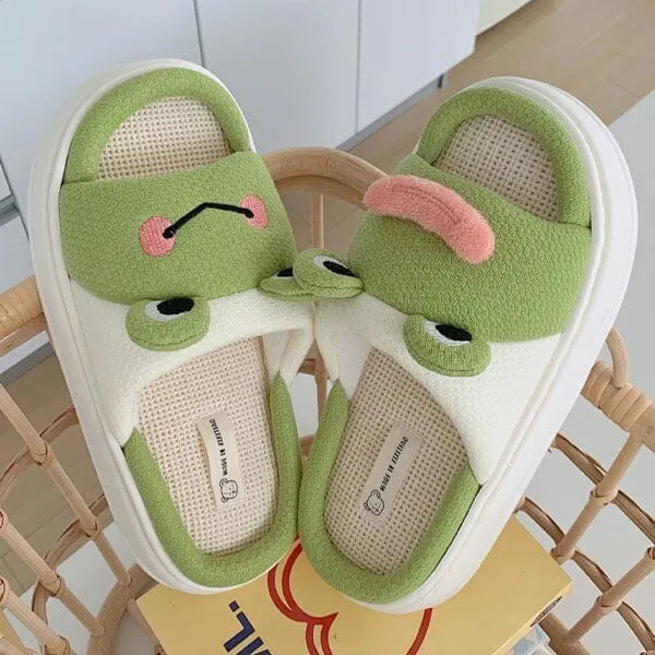 Frog Shhhandals Slippers | Unisex Linen Waffle Knit Plush Animal Slides | Multiple Sizes