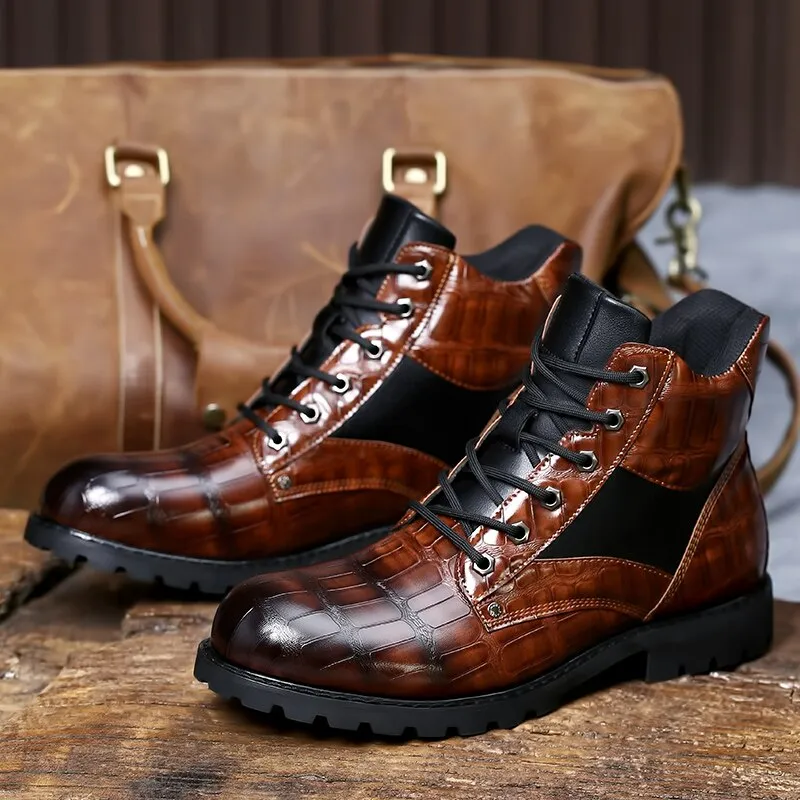 West Louis Leather Round Toe Grid Pattern Square Heel Boots