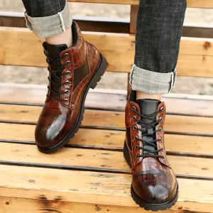 West Louis Leather Round Toe Grid Pattern Square Heel Boots