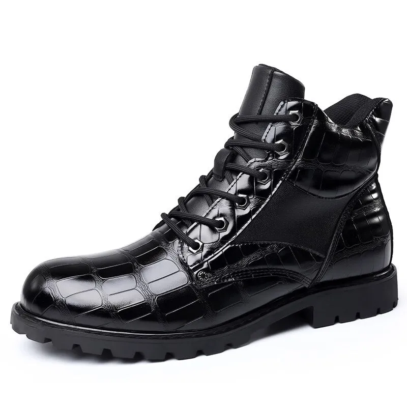 West Louis Leather Round Toe Grid Pattern Square Heel Boots