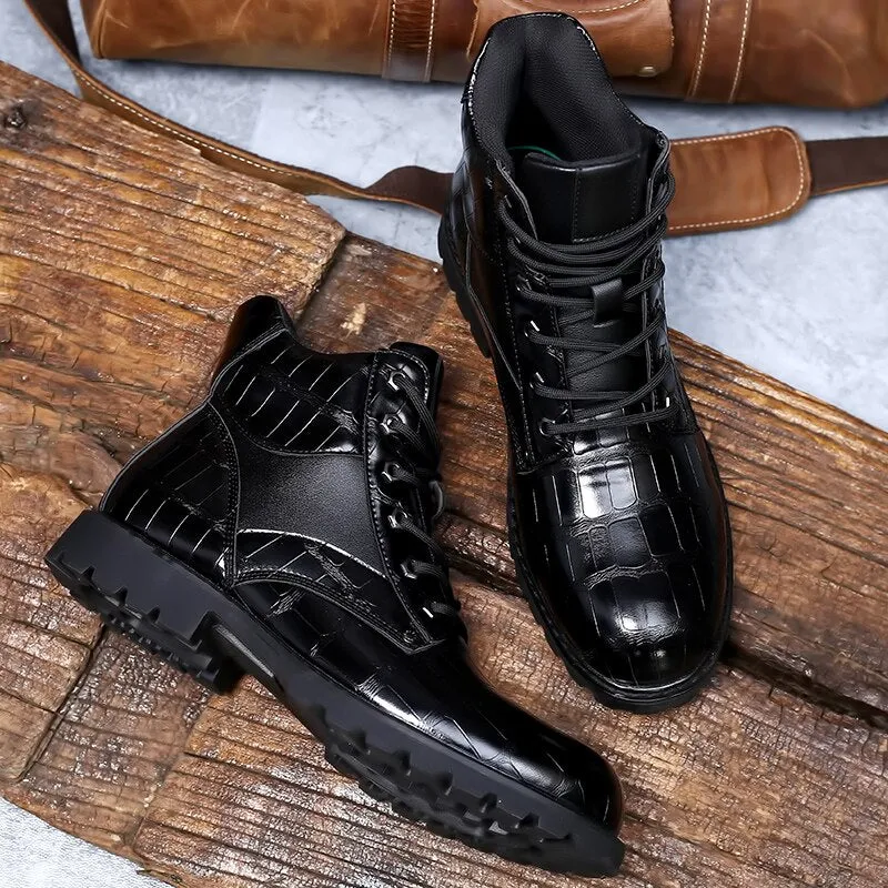 West Louis Leather Round Toe Grid Pattern Square Heel Boots