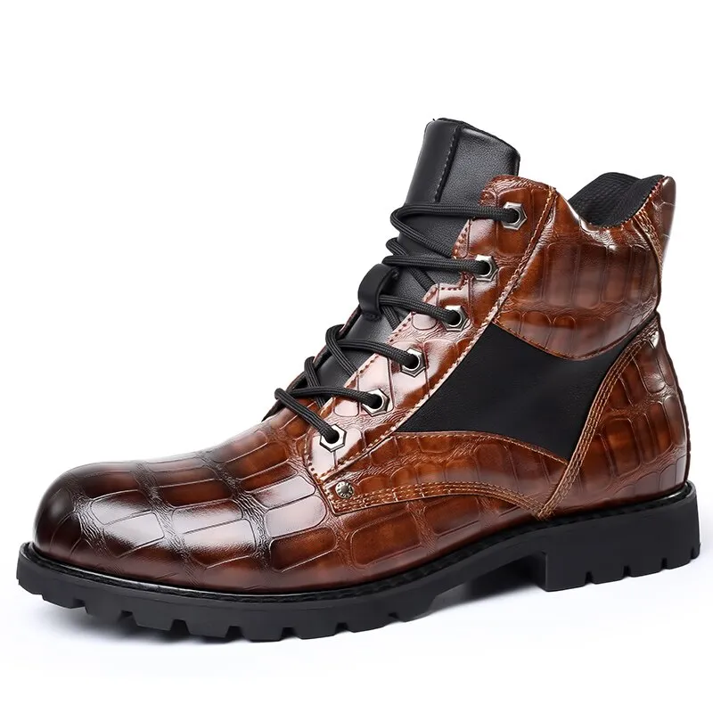 West Louis Leather Round Toe Grid Pattern Square Heel Boots