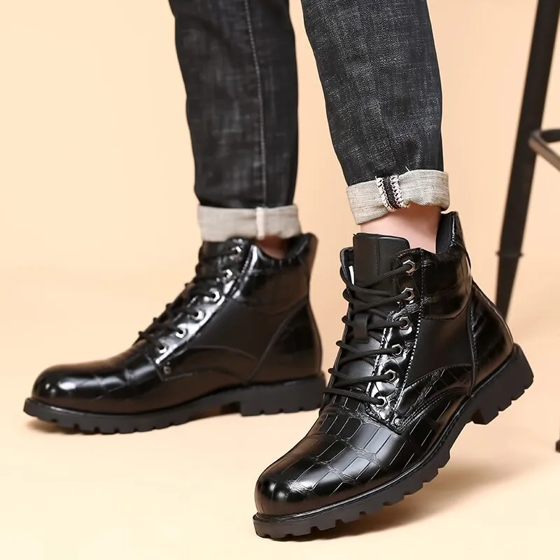 West Louis Leather Round Toe Grid Pattern Square Heel Boots